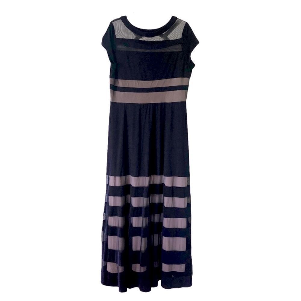 R & M Richards Navy mesh illusion neckline stripe long Formal Dress gown-8